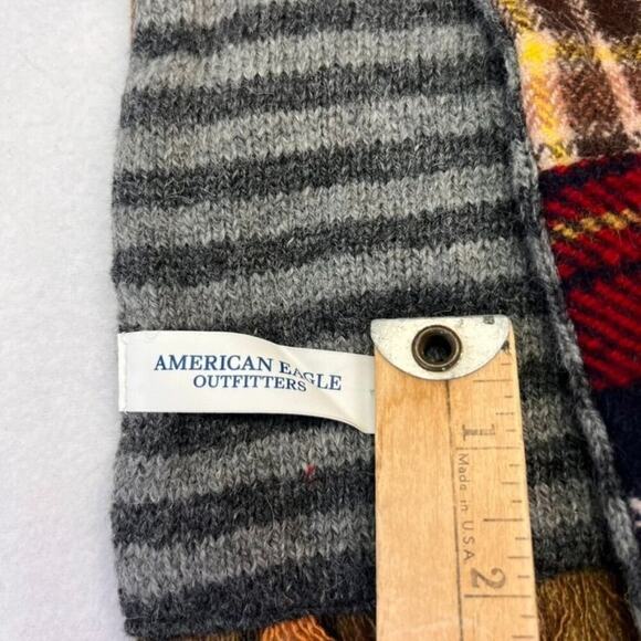 American Eagle Plaid Patchwork Scarf Neck Warmer Multicolor Wool Blend Fringe - Picture 10 of 10